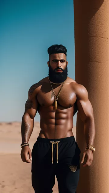 Tim gabel muslim arab black full beard extremely hairy chest toxic masculine alphamale thug arabic tattoos wearing thight tanktop sweatpants pumped ripped swollen muscles gold chains bracelets showing off desert in egypt style