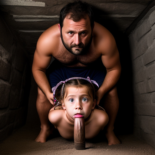 Ultra realistically a 9 year old girl tied up in the basement a 40 -year -old man penetrates a detailed one with his penis into her vagina in custom style