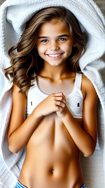 Cute white smiling girl body 13 year body, hands covering chest in custom style