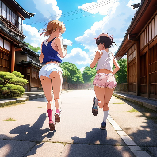 Embarrassed couple in their underwear running through a town full in anime style