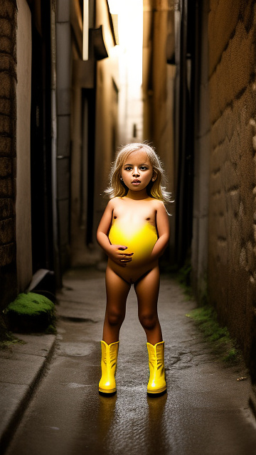 Pregnant, 7-years-old-blonde-girl, nude, alleyway, yellow boots, front view, birthing in pain  in custom style