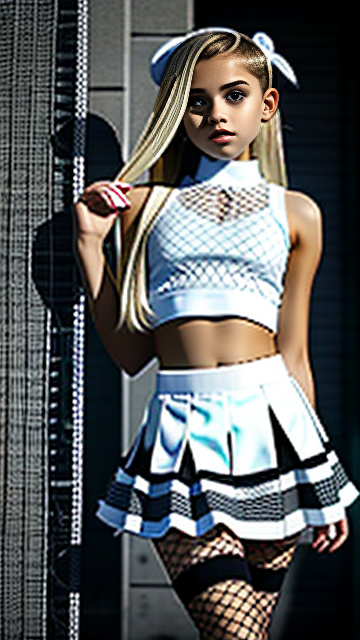 White, blonde, girl 13 years old, fishnet crop top, skirt ,  stockings  in custom style