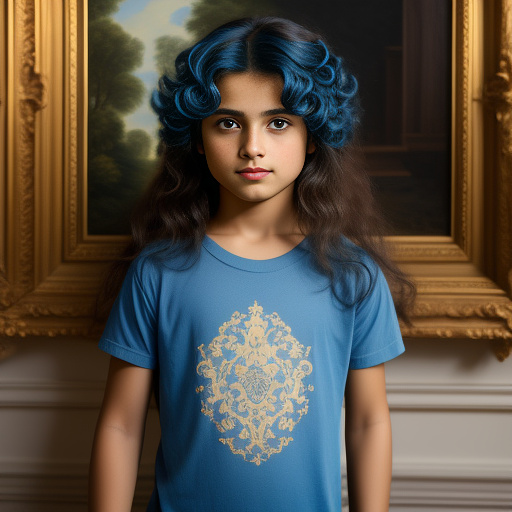 Long-haired boy in blue t-shirt in rococo style