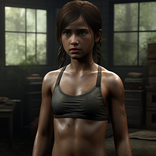 Realistic, detailed, 12-year-old ellie from “the last of us”, wearing a tight bikini, nipples in custom style