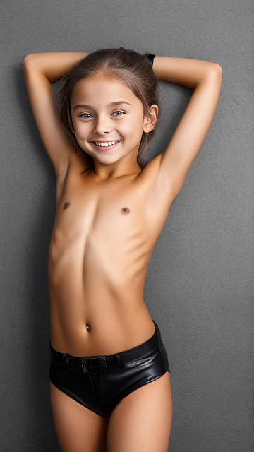 10 year old girl, naked, smiling, slim, small, abs, poledance, leather belt in custom style