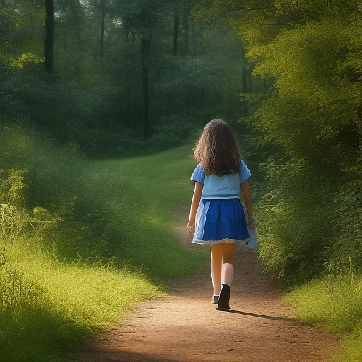 A 9-year-old girl is walking along a forest path. it's evening. she has a basket in her hand. view from behind. in custom style