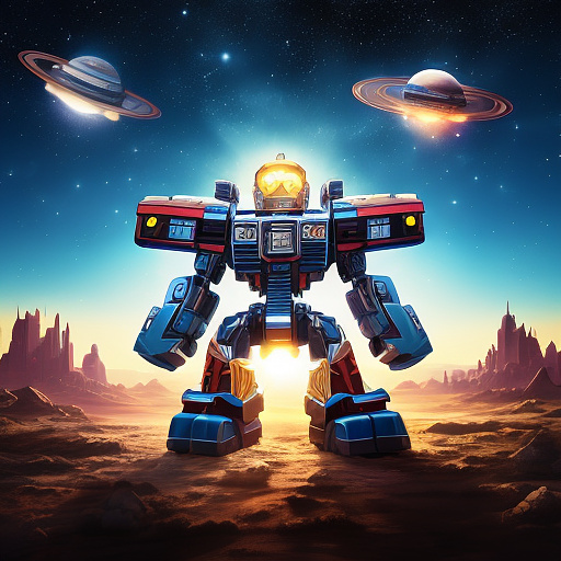A cheerful transformer flies through space against the backdrop of planets. in disney painted style