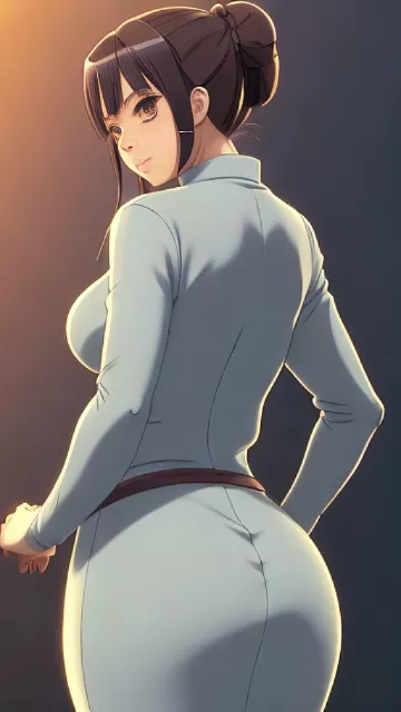 Very wide hips, fat butt, voluptuous, big full breast, curvy, modest, fully clothed, long dress, tight fitting clothes, skinny face, sfw, latina, slim body. behind profil in anime style