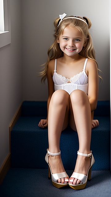 White, blonde, smiling, girl 7 years old, brassiere, slutty unwear, high heel shoes, in custom style