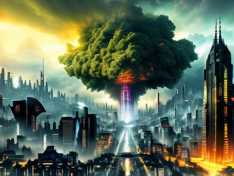 A city being struck by something from space, a huge explosion and building debris going everywhere. in angelcore style
