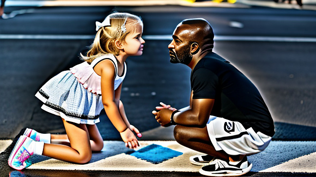 White, blonde, very cute, girl 8 years old , girl on her knees, facing towards black uncle who is standing, two people shown in picture  in custom style