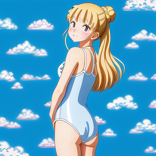 Girl happily watching her mother’s one piece swimsuit shrink to her size in the dryer it in anime style