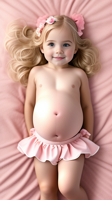 Realistic, detailed, 4-year-old blonde girl, pregnant, pink wedding outfit, showing belly, laying in bed, top down full body view, red blush in custom style