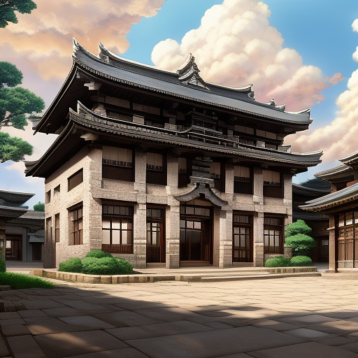 Stone and brick building facade
 in anime style