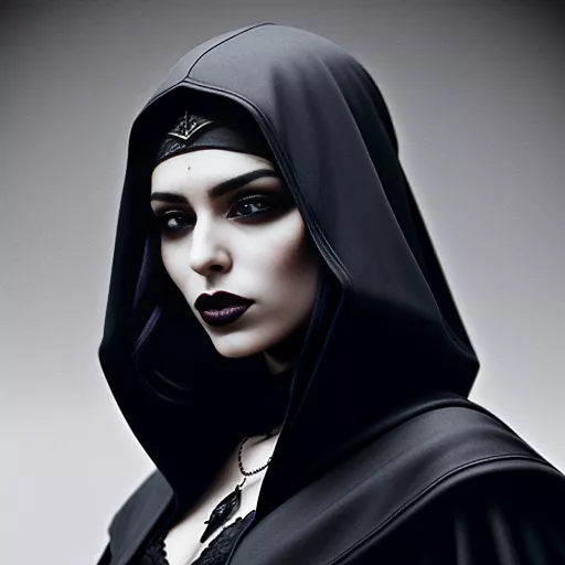 Spanish woman in hood with black hair and brown eyes. medieval. arrogant. 40 years old. wears a cape.  in gothic style