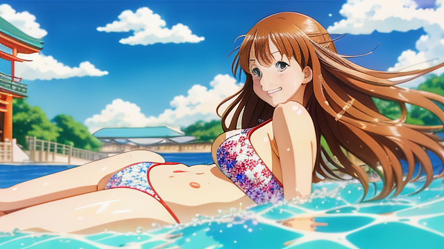 Woman in swimsuit sliding down water slide on her belly smiling with eyes closed in anime style