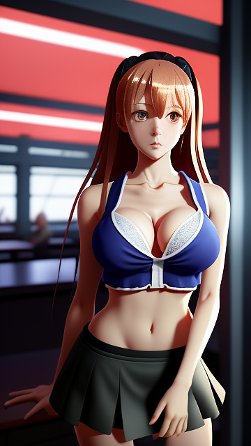Hot e-girl, front facing, very large chest, very big breasts, tight shirt with a boob window, mini skirt, facing foreward, thin face, skinny, ripped clothes, cleavage  in anime style
