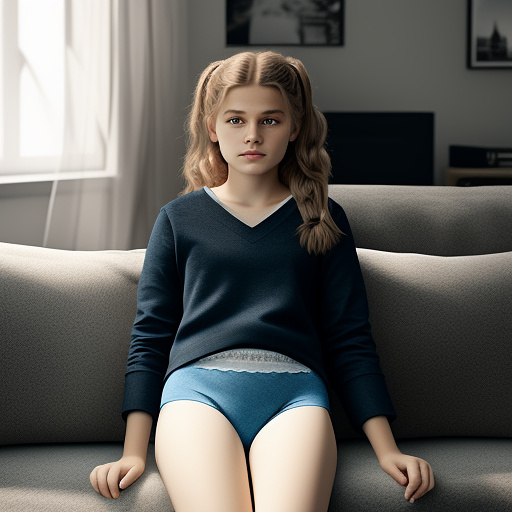 Ultra realistic a 15 year old german girl sits on the sofa in the living room in cute childlike underwear in custom style
