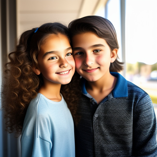 A 11-year-old girl gently kissing her 11-year-old boyfriend on the cheek while taking a selfie with her smartphone, natural lighting, casual outfits, candid moment, realistic style. in custom style