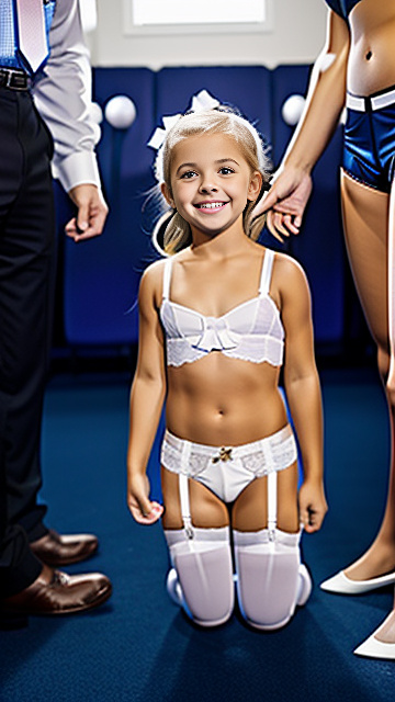 White, blonde, smiling, girl 5 years old on her knees, brassiere, underwear,  garter belt,  next to 35yr-business-man, show both people fully in picture, in custom style