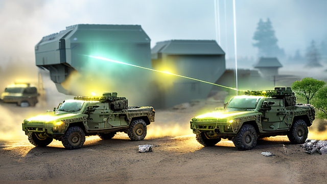 Aerial  drones shooting lasers at army vehicles. in angelcore style