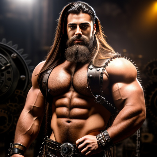 Muscle bara stud
long hair
beard 
huge pecs
huge chest
broad shoulders in steampunk style