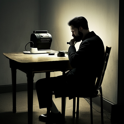 In a dark room, there is a telephone and a gun on the table. a man is sitting on a chair, and he is dead. in custom style