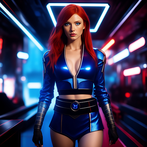 Redheaded mage heroine with blue eyes wearing a skimpy outfit and a belt  in sci-fi style