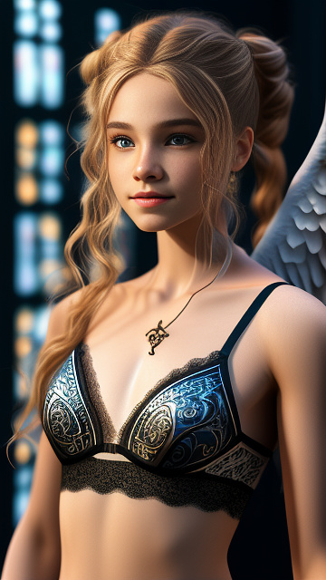 Realistic, highly detailed, 12-year-old , wearing lace underwear, blonde hair up, pale skin, makeup on face, smiling , full body portrait, front view in angelcore style