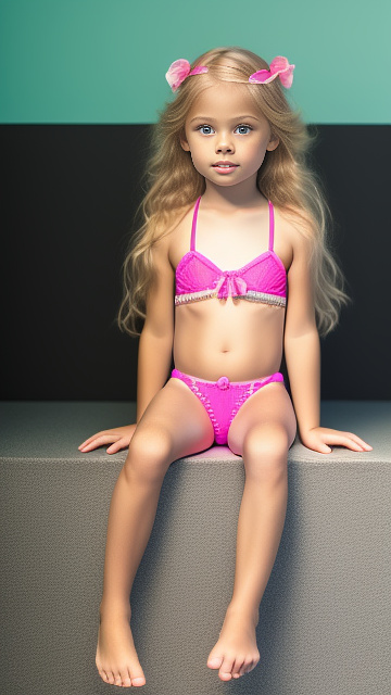 Realistic, highly detailed, 5-year-old wearing a pink laced bikini,sitting, long legs, blond hair, pale skin in custom style