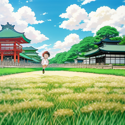 Boy  running green field
 in anime style