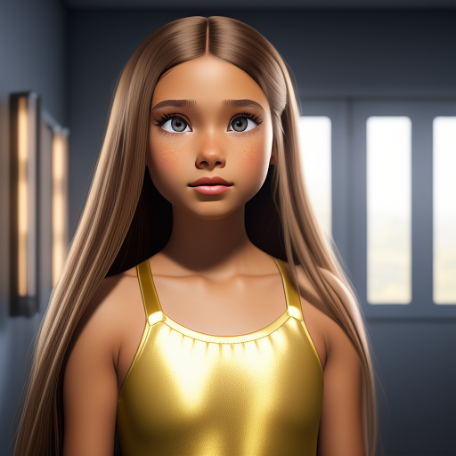 An eleven year old girl with light brown mid length straight hair, light brown eyes, wearing makeup and is wearing yellow dance outfit and holding a dance baton in disney 3d style