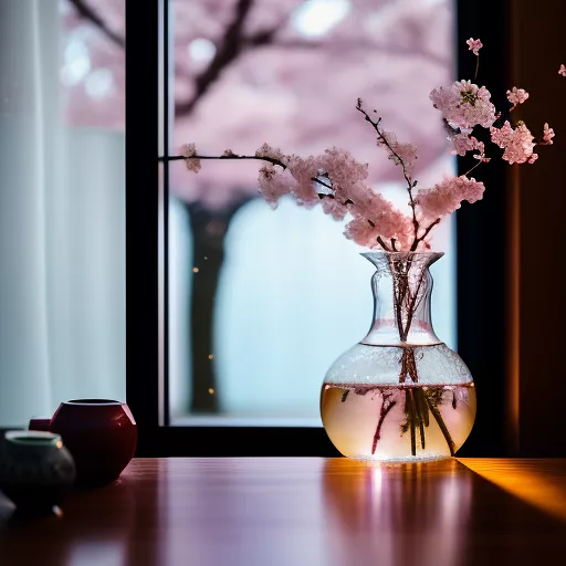( cherry blossom branch in a vase of water on windowsill and a turtle walks on the table ) in design living room style