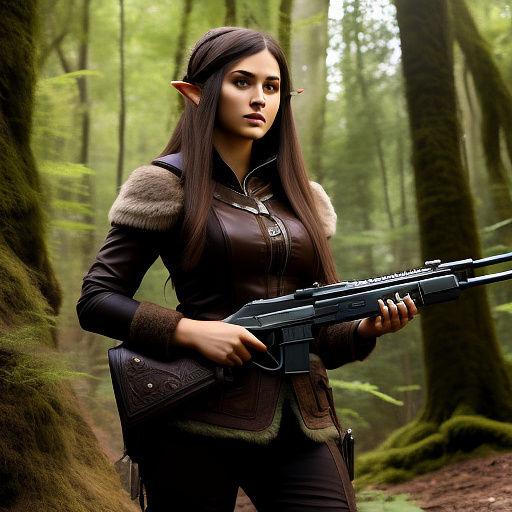 Monster hunter, in a forest, brown hair, female elf with two handguns  in custom style
