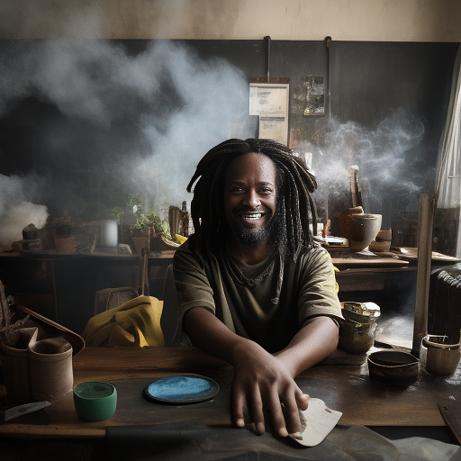 A black rastafarian is sitting on a worktable, smiling happily and smoking. the room is smoky. in custom style