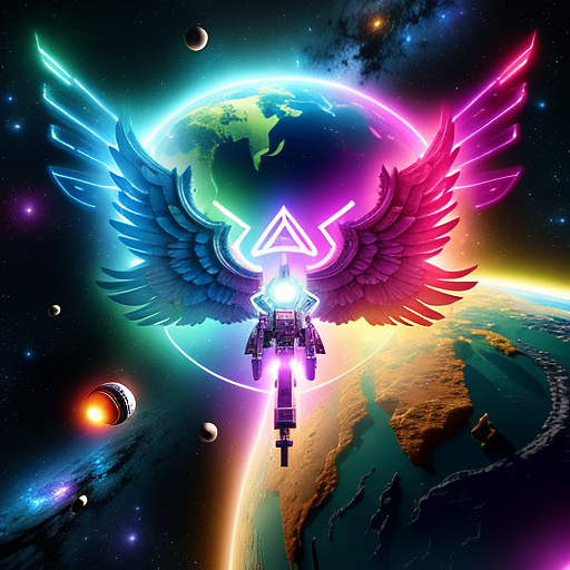 A cheerful transformer flies through space against the backdrop of planets. in angelcore style
