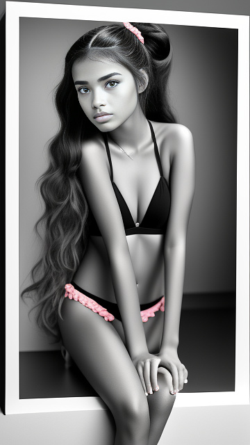 Hyper realistic, preteen latina, dark hair, skinny unfinished, blossoming, pink bikini, very high-heeled pink sandals, young face, high ponytail, is posing into modern and design chalet's bedroom. very high quality, detailled body, studio quality. in bw photo style