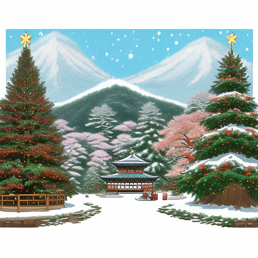 Background is a christmas tree whit alot of snow at the front there is forest animals vhit gifts and the gingerbred man sit ona gifts in anime style