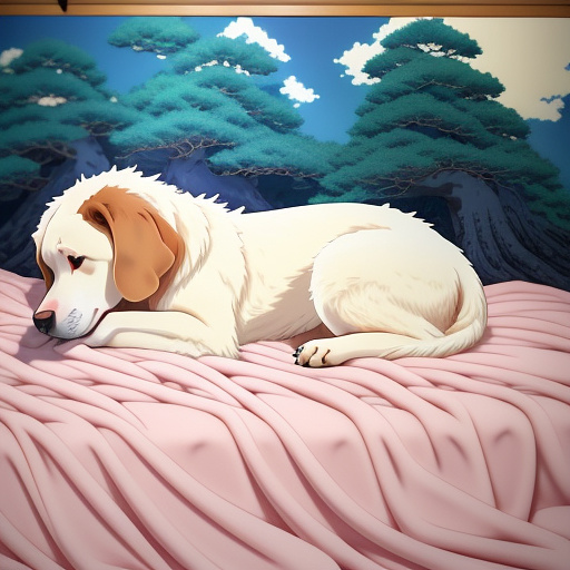 A big dog resting comfortably with soft blankets in anime style