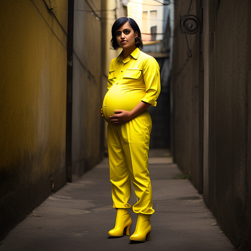 Pregnant male, pedophile, yellow jumpsuit, yellow boots, alleyway,  in custom style