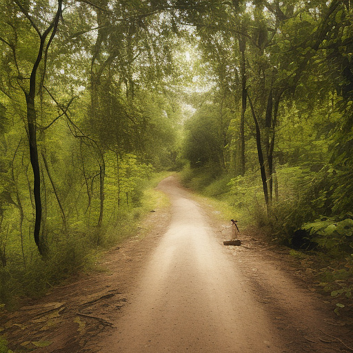 A tired 9-year-old girl is walking along a forest path. it's evening. she has a basket in her hand. she's wearing a panama hat. view from behind. in custom style