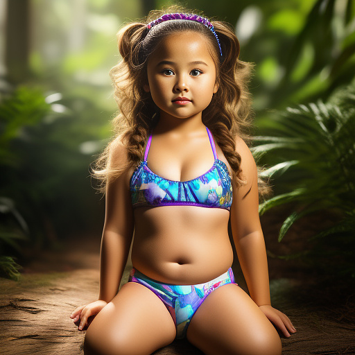 10 year old girl a little bit chubby wearing tight and light bikini, sitting and spreading her legs and make it realistic and make it acceptable  in realistic style