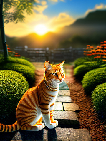 Orange tabby cat wearing a bandana with the rising sun on its forehead.
 in angelcore style