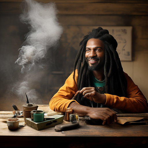 A black rastafarian is sitting on a worktable, smiling happily and smoking. the room is smoky. in custom style