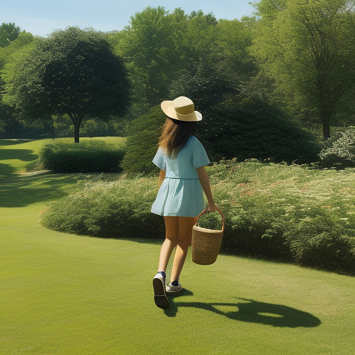 A girl is skipping across a sunny lawn. she has a basket in her hands and a hat on her head. in custom style