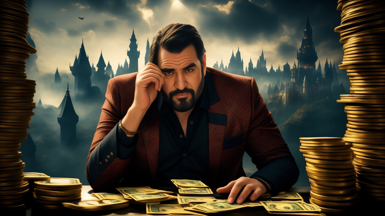 A giant politician eating piles of money and people in fantasy style