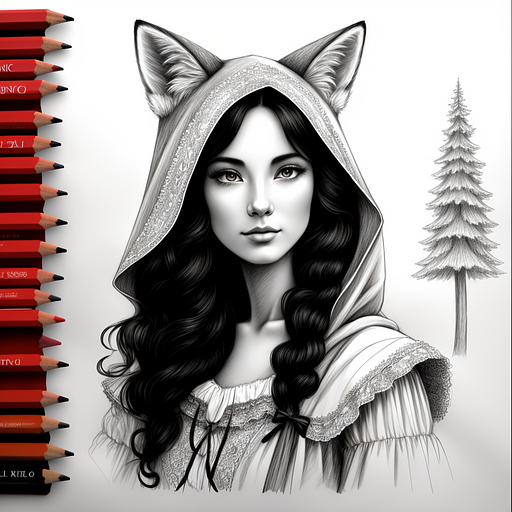 Anthropomorphic fox as little red riding hood in pancil style