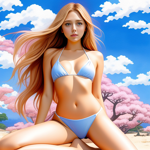 Elizabeth olsen bikini  with legs spread out in anime style