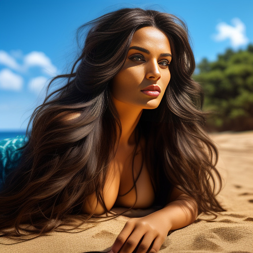 Make image of beatyfull black sexy polish woman . lying on the beach on the stomach (and she have long hair) draw boy crawling to her too
 in realistic style