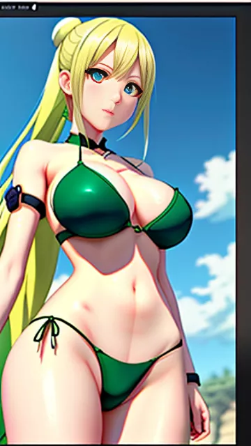 Anime girl,huge breast,thigh,bikini,leafa,yellow hair,green eye in anime style